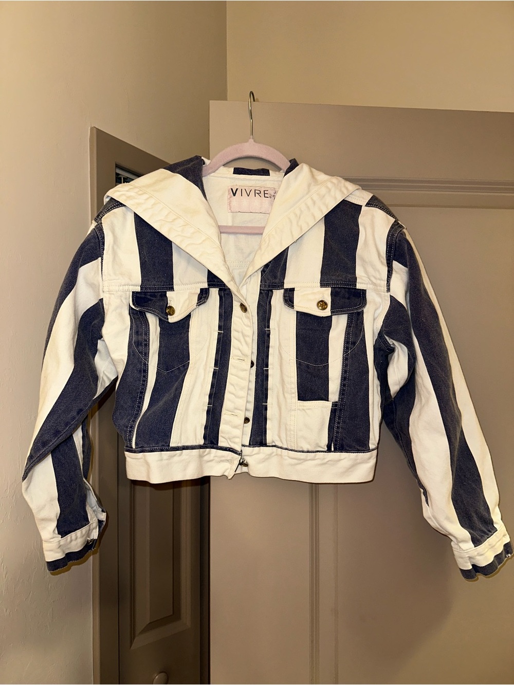 Vivre Jeans Blue White Striped Denim Sailor Collar Cropped Jacket Size S